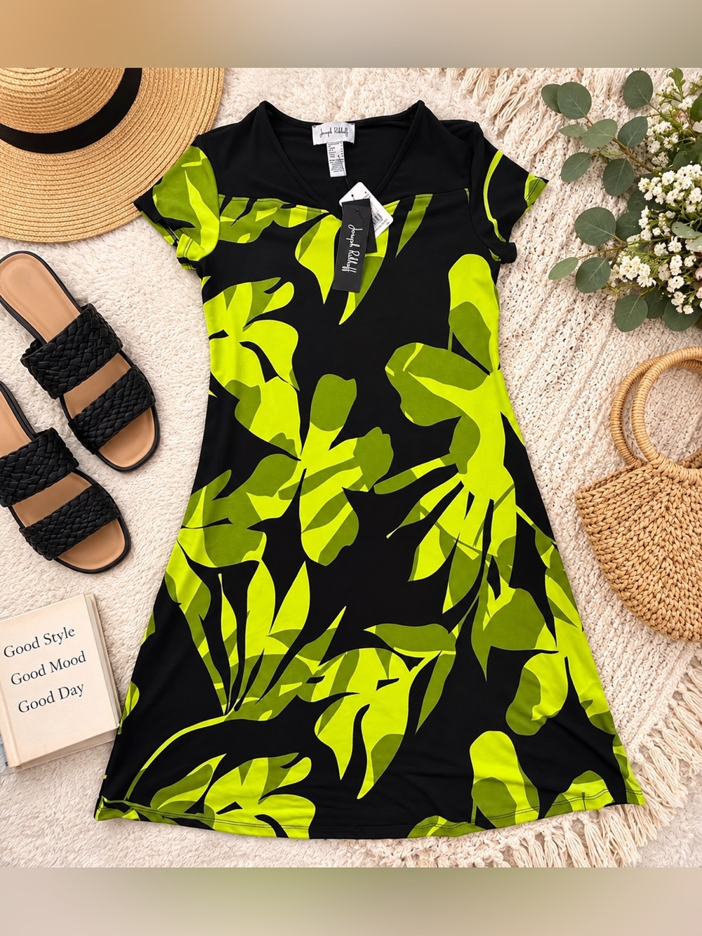 Joseph Ribkoff Tropical Leaf Print A-Line Dress Black Green Size 4